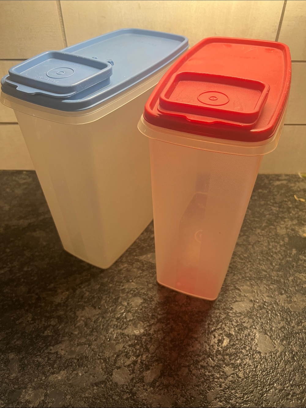 Set of 2 JUMBO Tupperware cereal containers. Red, Blue. Snacks, Flour, Sugar